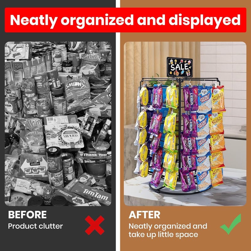 vefix Chip Rack Display Stand, 5 Tiers 60 Clips Snack Retail Display Rack, 360° Rotation Snack Bar Station for Concession Stand, Snack Organizer, Candy Display, Chip Holder for Party, Countertop - Image 4